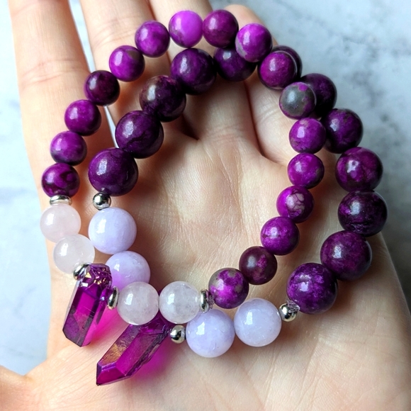 Hand Crafted Jewelry - Sugalite Rose Quartz Crystal Stone bead bracelet